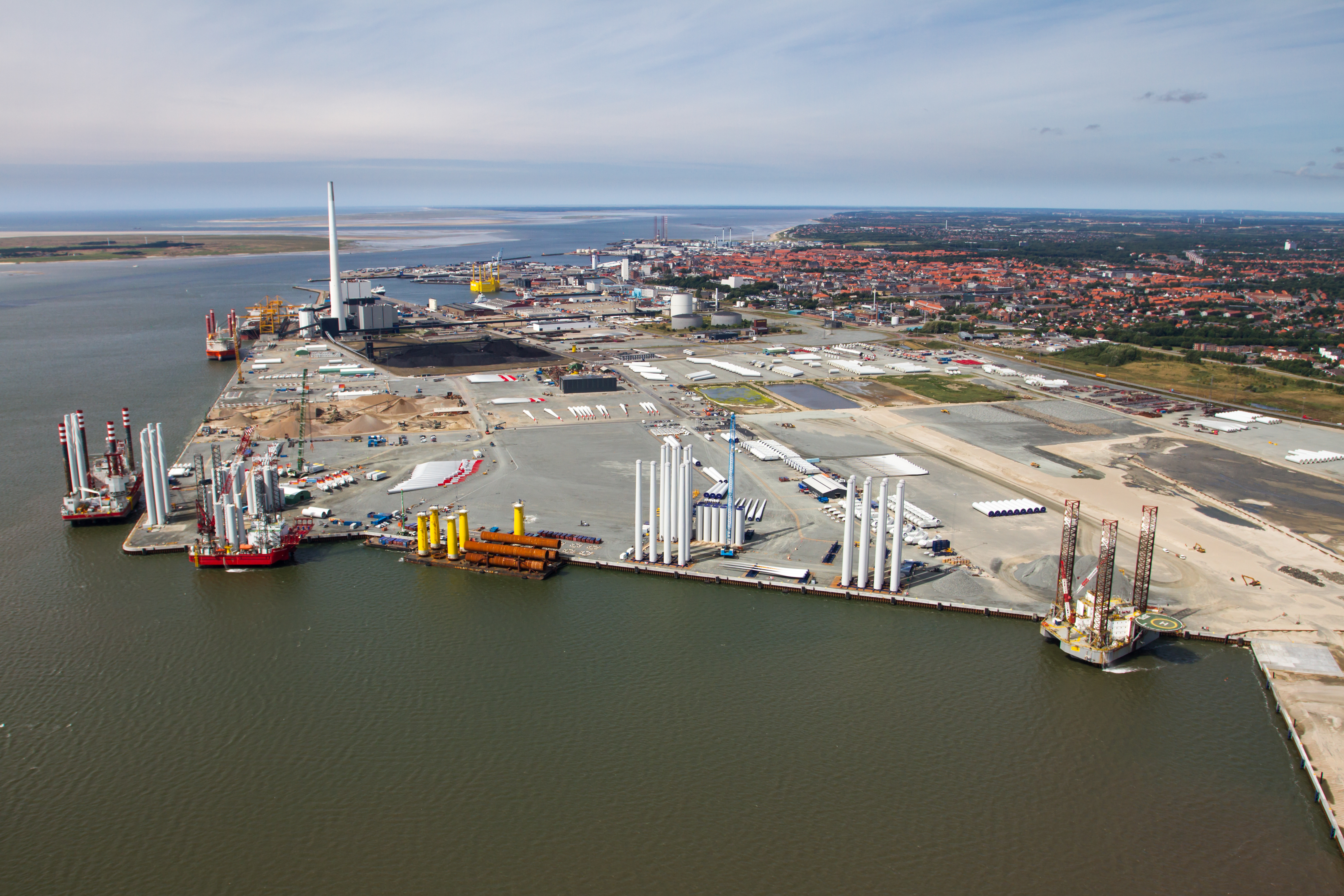 Aerial view of the harbor with wind turbines